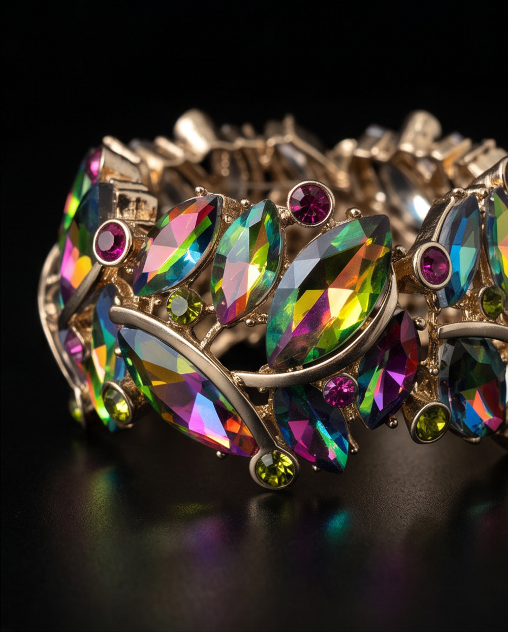 Multicolor Aurora Borealis Rhinestone Stretch Bracelet Gold Tone - Picture 4 of 10